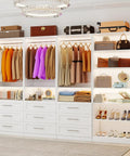 Kick Ass White Closet System, 8ft Modular Organizer With 4 Independent Units, featuring colorful hanging clothes and organized drawers.