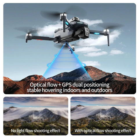Ultimate 4K Drone With Dual HD Cameras demonstrating optical flow above a mountain with GPS dual positioning features visible