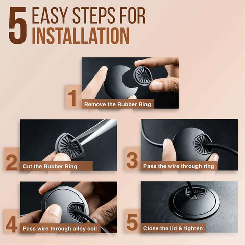 5 easy steps for installing Metal Desk Grommet 2 Inch Pack Of 2 Flat Black Zinc Alloy Cable Hole Cover on computer tables and countertops.