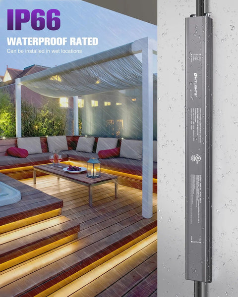 150W LED Dimmer Driver Power Supply 100-277V AC to 24V DC 6.2A IP66 waterproof for outdoor LED lighting projects.