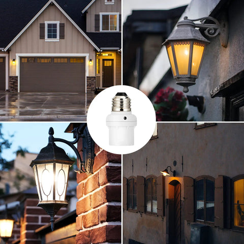 Automatic Dusk To Dawn Light Socket With Sensor in outdoor fixtures, showing E26 E27 compatibility, 6 pack, ETL Listed
