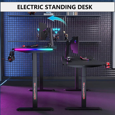 Adjustable Height Standing Desk With Carbon Fiber Top And Hella Fast Electric Lift Offers Chill Work Mode programmable memory presets RGB lighting setup