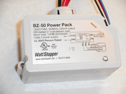 BZ-50 power pack with wiring and specifications label, shown on a light surface, for DT-300 Ceiling Occupancy Sensor With 360 Degree Coverage And Low Profile Design, SmartSet Auto Settings For Every Space, Ultrasonic Diffusers For Wider Coverage, Manual On With Low Voltage Switch, No Fuss Depluggable Wiring For Quick And Easy Install.