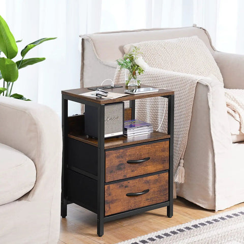 Nightstand With Charging Station And USB Ports, Compact Bedside Table With Fabric Drawers in living room setup