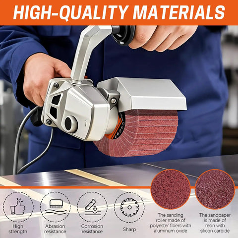 Six Piece Non Woven Wire Drawing Flap Wheel Set For Serious Burnishing And Polishing Jobs With Sharp Alumina Coated Pa Fiber For Rock Solid Wear Resistence And Smooth Surface Finishes On Any Metal Project being used on metal surface with an electric sanding tool.