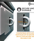 Beefy Heavy Duty Locking Ammo Can Storage Box secure lock detail, showcasing 12mm to 9mm shackle size compatibility.