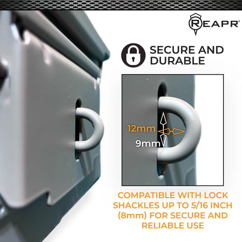 Beefy Heavy Duty Locking Ammo Can Storage Box secure lock detail, showcasing 12mm to 9mm shackle size compatibility.