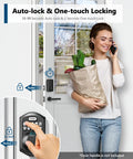 Sleek Matte Black Fingerprint Deadbolt Smart Lock Offering Straight Up Game Changing Keyless Security With AI Fast Unlock Sensor And Sturdy Touchscreen Keypad Setup, being used by a woman holding groceries.