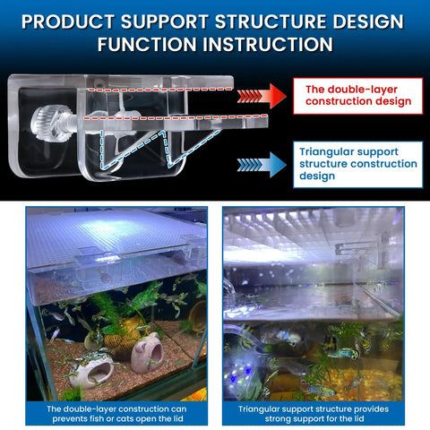 Heavy Duty Transparent Aquarium Lid Clips For Fish Tank Hood Support Tough As Nails Grip For Rimless Or Rim Tanks Durable Acrylic Cover Holder Six Pack showing double-layer and triangular support designs.