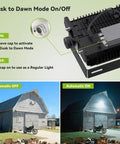 Hella Bright 150W LED Flood Light Outdoor With 13500 Lumens showcasing Dusk to Dawn Mode on barn, OFF/ON comparison