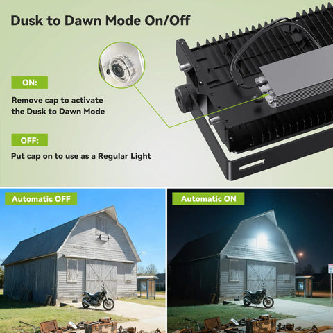 Hella Bright 150W LED Flood Light Outdoor With 13500 Lumens showcasing Dusk to Dawn Mode on barn, OFF/ON comparison