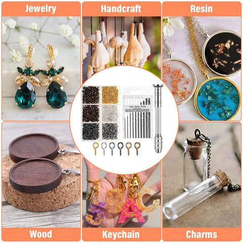 Handy Pin Vise Hand Drill Set For Resin Crafts And Jewelry Making, displayed with various crafted items including jewelry and woodwork.