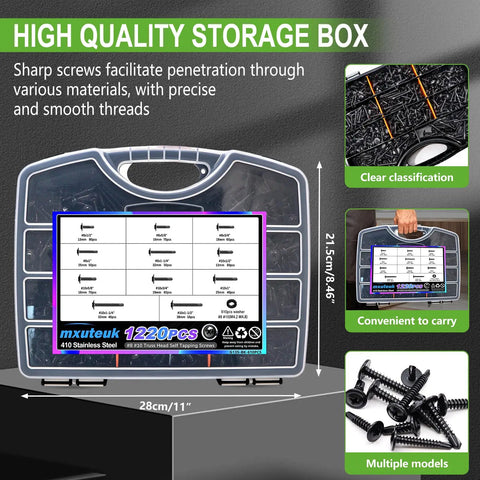 Built Tough Heavy Duty 410 Stainless Steel Self Drilling Screws With Black Truss Heads For Sheet Metal Wood And Plastic Projects storage box showing organized screws and labels.