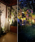 12W Outdoor Spot Lights With Transformer Hella Bright Warm White LED Landscape Lighting Kit illuminating garden and patio at night, IP66 Waterproof 4 Pack for Yard Garden House Lawn Trees And Flags.