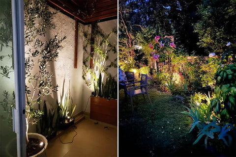 12W Outdoor Spot Lights With Transformer Hella Bright Warm White LED Landscape Lighting Kit illuminating garden and patio at night, IP66 Waterproof 4 Pack for Yard Garden House Lawn Trees And Flags.