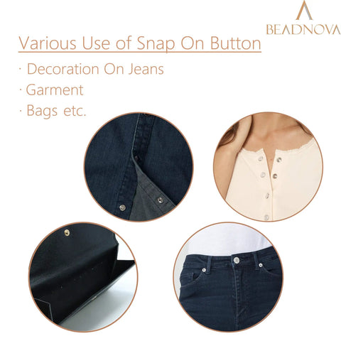 Various uses of 10mm Snap Buttons For Sewing Kit In Black And Nickel, 100 Sets, Durable Steel With Brass Nickel Coating on clothing and bags.