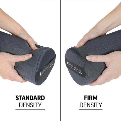 The Original McKenzie Lumbar Roll Standard Density Low Back Support Pillow with firm and standard density options shown.