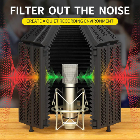 Game Changing Acoustic Recording Microphone Isolation Shield with three layer soundproof foam panels protecting a mic from room echo.