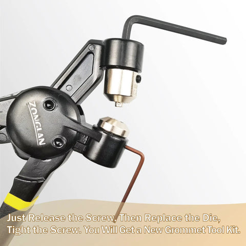 Close-up of All In One Grommet Tool Kit with Interchangeable Dies, showing adjustable screw and die replacement feature.
