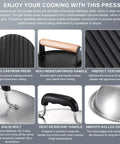Close-up of 7 Inch Cast Iron Smash Burger Press Kit with 12.5 Inch Heavy Duty Griddle Dome and Patty Papers features