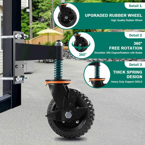 Beefy 6 Inch Gate Wheel With Brake For Sliding Farm Gates Heavy Duty Fence Wheel With 360 Degree Swivel Spring Shock