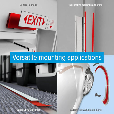 Clear Double Sided PET Film Tape With Acrylic Adhesive, 2 Inch Wide By 60 Yard Roll, shown in versatile mounting uses
