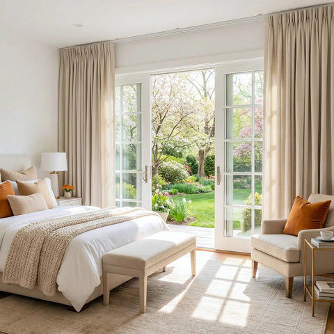 Ultra Quiet Ceiling Curtain Track Aluminum Rail White 6 To 9 Feet Heavy Duty With Sound Dampening Strips And Low Friction Pulleys For Smooth Drapery Operation installed above bedroom window curtains