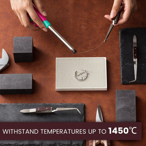 Hands using tools with Two Piece Honeycomb Ceramic Soldering Blocks Desk Top Jewelry Making Kit on brown surface