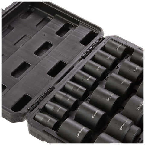 Open carrying case showing 19 Piece One Half Inch Drive 6 Point Shallow Impact Socket Set With Cr-Mo Steel, SAE Size Markings, Easy To Read