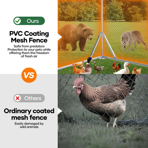 Comparison of Heavy Duty Metal Chicken Coop With Lockable Door And Waterproof UV Cover, PVC vs ordinary mesh fence.