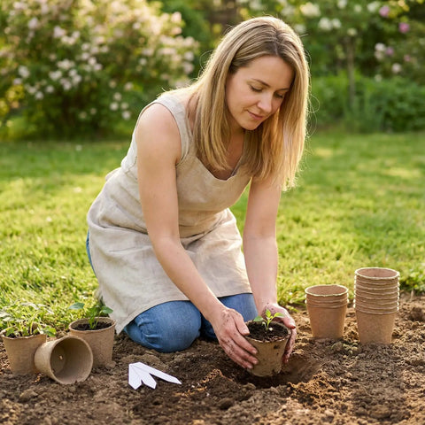 Woman planting with 20 Pack 5 Inch Biodegradable Peat Pots With 20 Plant Labels, Drainage Holes, Breathable Nursery Pots For Seed Starting.