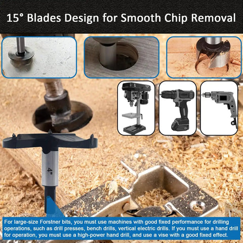 15° blade design detail of Top Shelf Badass Forstner Bit Set with heavy duty carbide tipped hex shank for smooth chip removal.