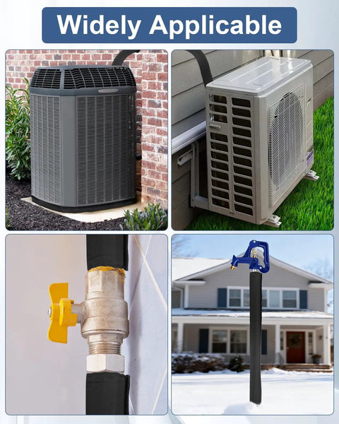 Weatherproof Copper Pipe Insulation Cover For Outdoor HVAC 72x10.2 Inch Beefy 600D Oxford Fabric Black Exterior AC Line Wrap Winter Protection For Central Air Mini Split shown in use on outdoor units.