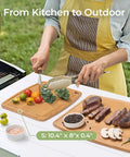 Person prepping salad on Dishwasher Safe Carbonized Bamboo Cutting Board With Juice Groove For Fruit Veggies And Cheese