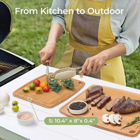 Person prepping salad on Dishwasher Safe Carbonized Bamboo Cutting Board With Juice Groove For Fruit Veggies And Cheese