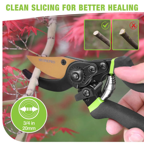 Effortless 8.5 Inch Bypass Pruning Shears With Die Cast Aluminum Handle, Sharp SK5 Blade using clean slicing on a branch