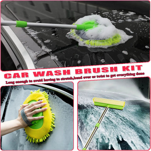 All In One Long Handle Car Wash Kit With 62 Inch Reach, 16 Piece Cleaning Set on car roof with brush and chenille mitt