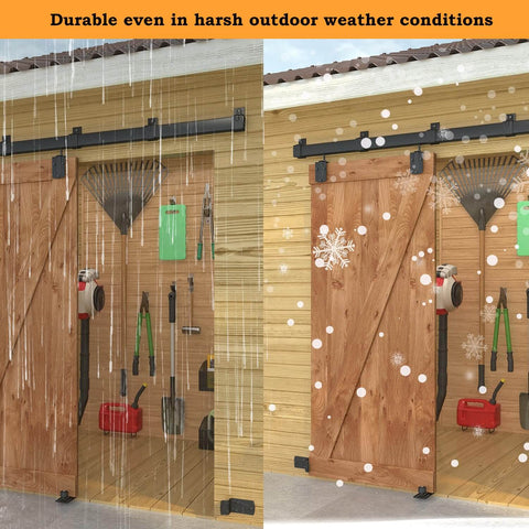 8Ft Black Exterior Barn Door Hardware Kit With Heavy Duty Sliding Rail Track Wall Mount System in rain and snow conditions