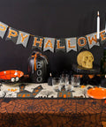 Straight Up Spooky Halloween Table Runner 14X72 Inches Reusable 100 Percent Cotton Fabric For Dinner Parties And Fall Tabletop Decor That Hits Different With Epic Seasonal Vibes Year Round on festive Halloween table setting.