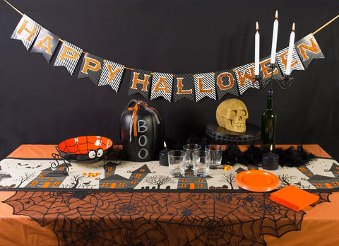 Straight Up Spooky Halloween Table Runner 14X72 Inches Reusable 100 Percent Cotton Fabric For Dinner Parties And Fall Tabletop Decor That Hits Different With Epic Seasonal Vibes Year Round on festive Halloween table setting.