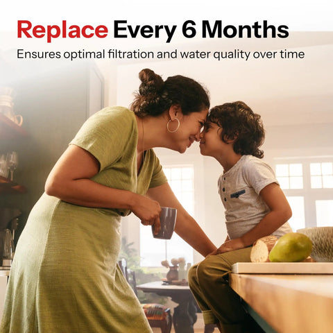 Mother and child in kitchen, Budget Friendly Replacement Refrigerator Water Filter For LG 5231JA2006A NSF 42 Certified Made In The USA OEM Alternative To Factory Original 6 Month Life Removes Impurities For Fresh Ice And Clean Tastes reminder