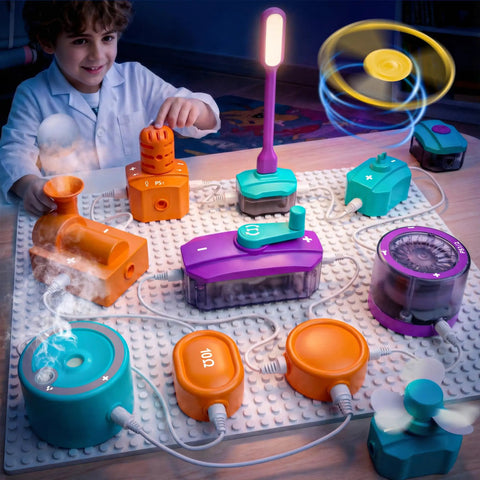 Child playing with Hands On Electric Circuit Kit With Over 450 DIY Projects And 45 Parts For Kids Ages 4 To 12, components lit up