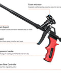 Heavy Duty Foam Gun For Caulking And Sealing with precision trigger and ergonomic handle, showcasing foam entrance and flow controller.
