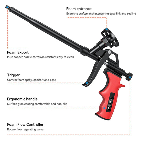 Heavy Duty Foam Gun For Caulking And Sealing with precision trigger and ergonomic handle, showcasing foam entrance and flow controller.