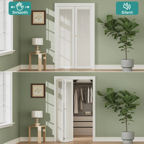 Beat Those Wobbly Closet Bifold Doors With This Complete 36 Inch Track And 3 Ft Bi Folding Door Hardware Kit featuring smooth opening bifold doors in a stylish room.