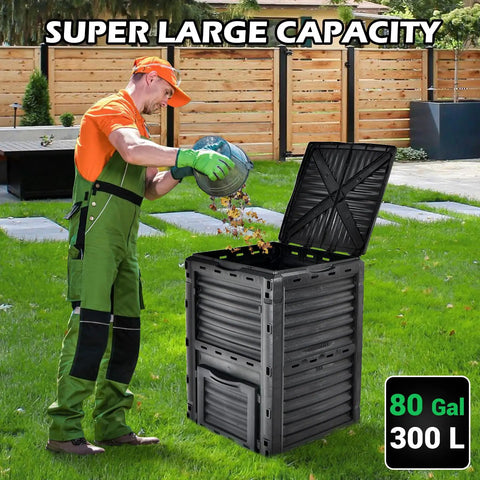 Man using Outdoor Compost Bin 80 Gallon Aerated Compost Box with Top Flip Lid in a garden, large capacity for fast soil creation.