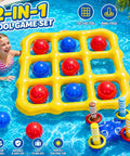 Child playing with Two-In-One Inflatable Pool Game Center featuring Tic Tac Toe and Cross Ring Toss in a pool.