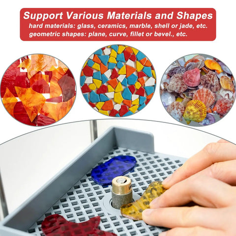 Person using cordless rechargeable stained glass grinder for art projects with five-eighth inch diamond bit on various materials.