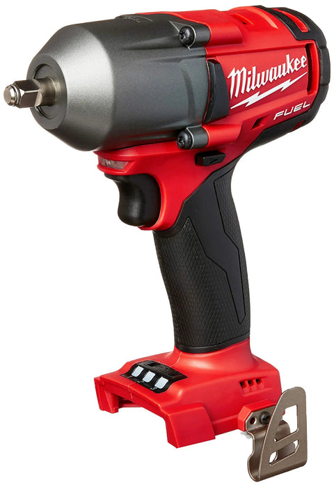 Pro Grade Two Piece Cordless Impact Wrench Set With One Half And Three Eighth Inch Drivers showing compact red design and brushless motor.