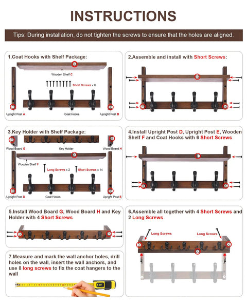 Instructions for assembling Rock Solid Wall Mounted Coat Rack With Storage Shelf Featuring 13 Heavy Duty Hooks for entryway use.